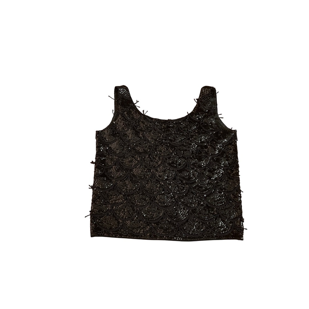 Vintage Black Sequin Beaded Wool Shell Top Sleeveless Evening Blouse Hong Kong